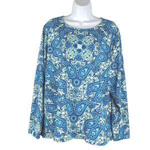 Lands' End Rash Guard Swim Shirt Womens 2X Blue Paisley Long Sleeve TP-3830